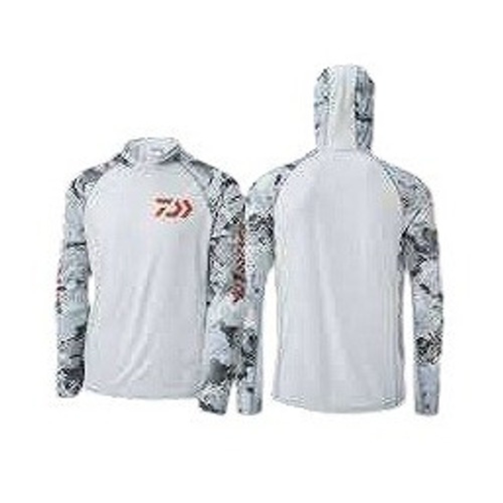 Simms Daiwa Veil Camo Hooded Fishing Shirt Men's Large White Gray Sun Shirt